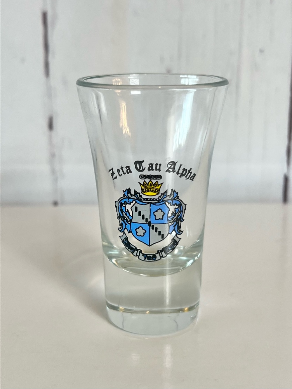 Zeta Tau Alpha ZTA Sorority Crest Fluted Tall Shot Glass Clear